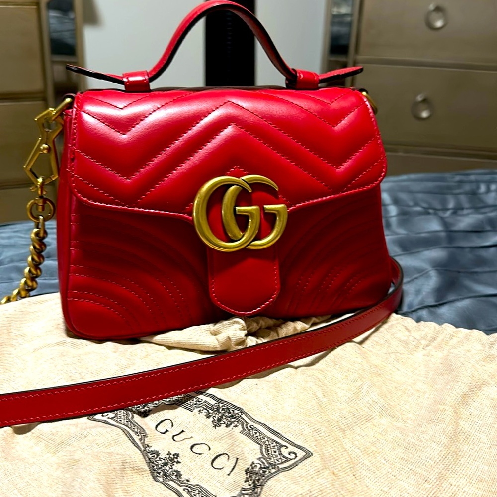 RED GG MARMONT MINI TOP HANDLE BAG